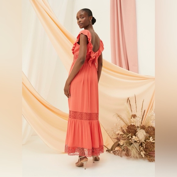 Fat Face Coral Pink Hibiscus Lace Maxi Dress size 4 copper & black - Picture 4 of 11
